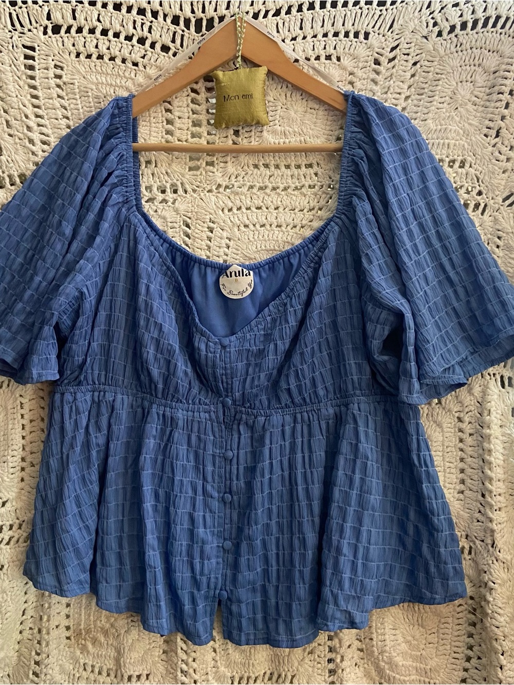 Arula Blue Textured Peplum Blouse Size B 2X Flutter Sleeve